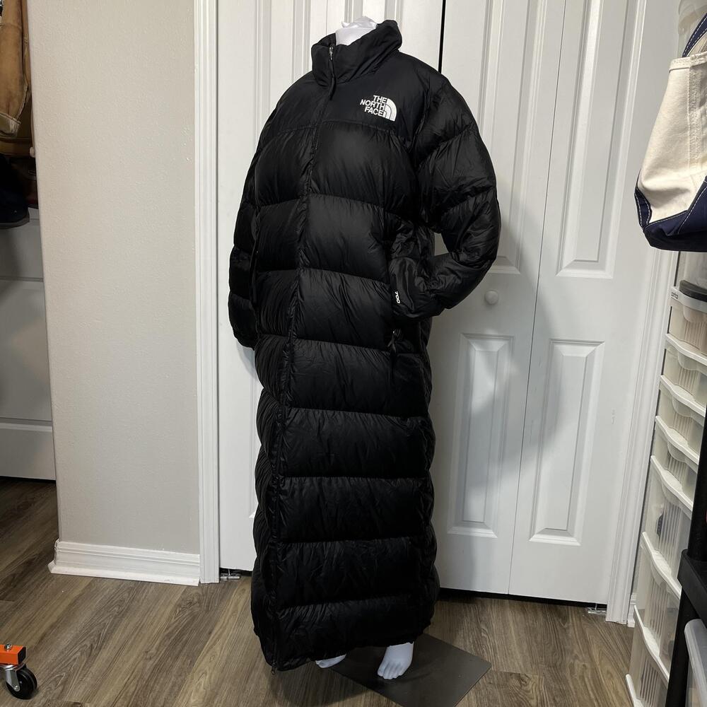 The North Face 700 Nuptse Down Puffer Coat Black Long Hooded Parka Trench Duster